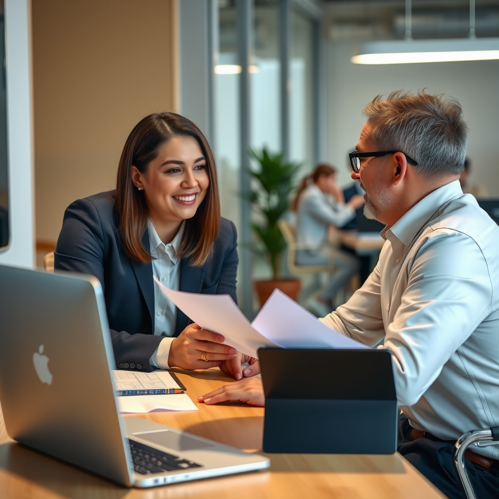 Professional financial advisor consulting with a client in a modern, well-lit office setting with documents and laptop on desk, showing trust and expertise in personal financial planning