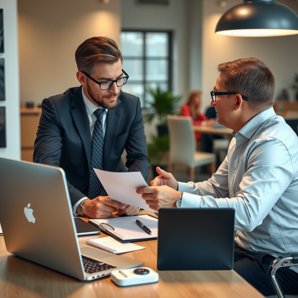 Professional financial advisor consulting with client in modern office setting, discussing personal financing options with documents and laptop on desk