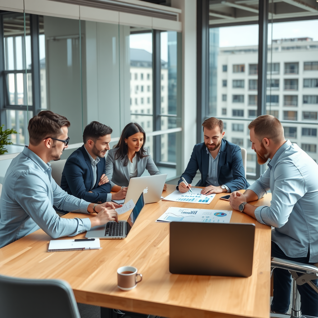 Modern business office environment with professionals collaborating around a conference table, reviewing financial documents and investment plans on laptops and tablets, bright natural lighting through large windows, contemporary corporate interior design