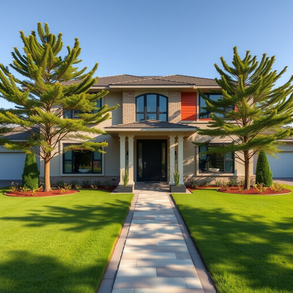 Attractive two-story residential property with modern architecture, well-maintained lawn, mature trees, and welcoming front entrance with stone pathway