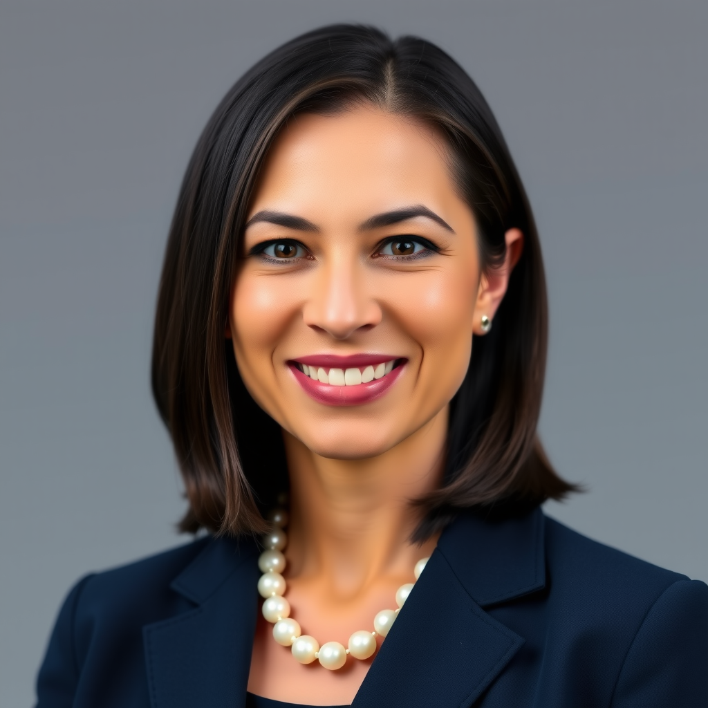 Professional headshot of Jennifer Rodriguez, a woman in her mid-40s with shoulder-length dark hair, wearing a navy blue business suit and pearl necklace, smiling warmly against a soft gray background with natural lighting