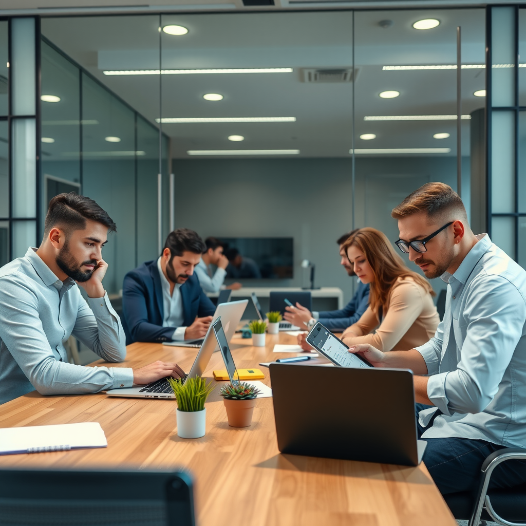 Contemporary business office with entrepreneurs working on laptops and tablets, modern glass conference room in background, representing business growth and professional financing solutions
