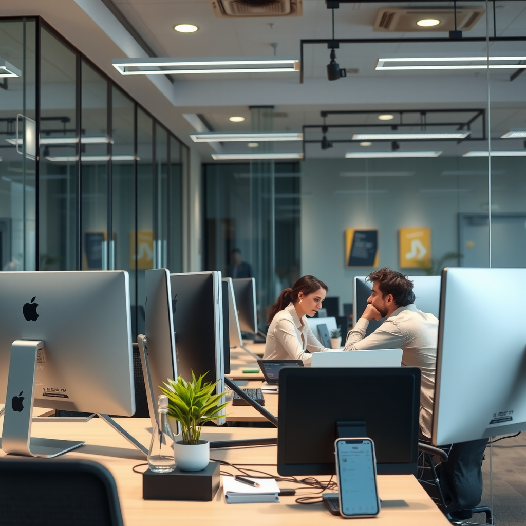 Contemporary business office with entrepreneurs working on computers, modern workspace with glass walls and professional atmosphere representing business growth