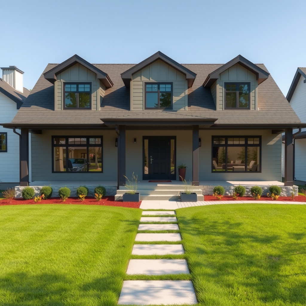 Attractive modern residential home with well-maintained landscaping, front yard with green lawn, representing homeownership dreams and property investment